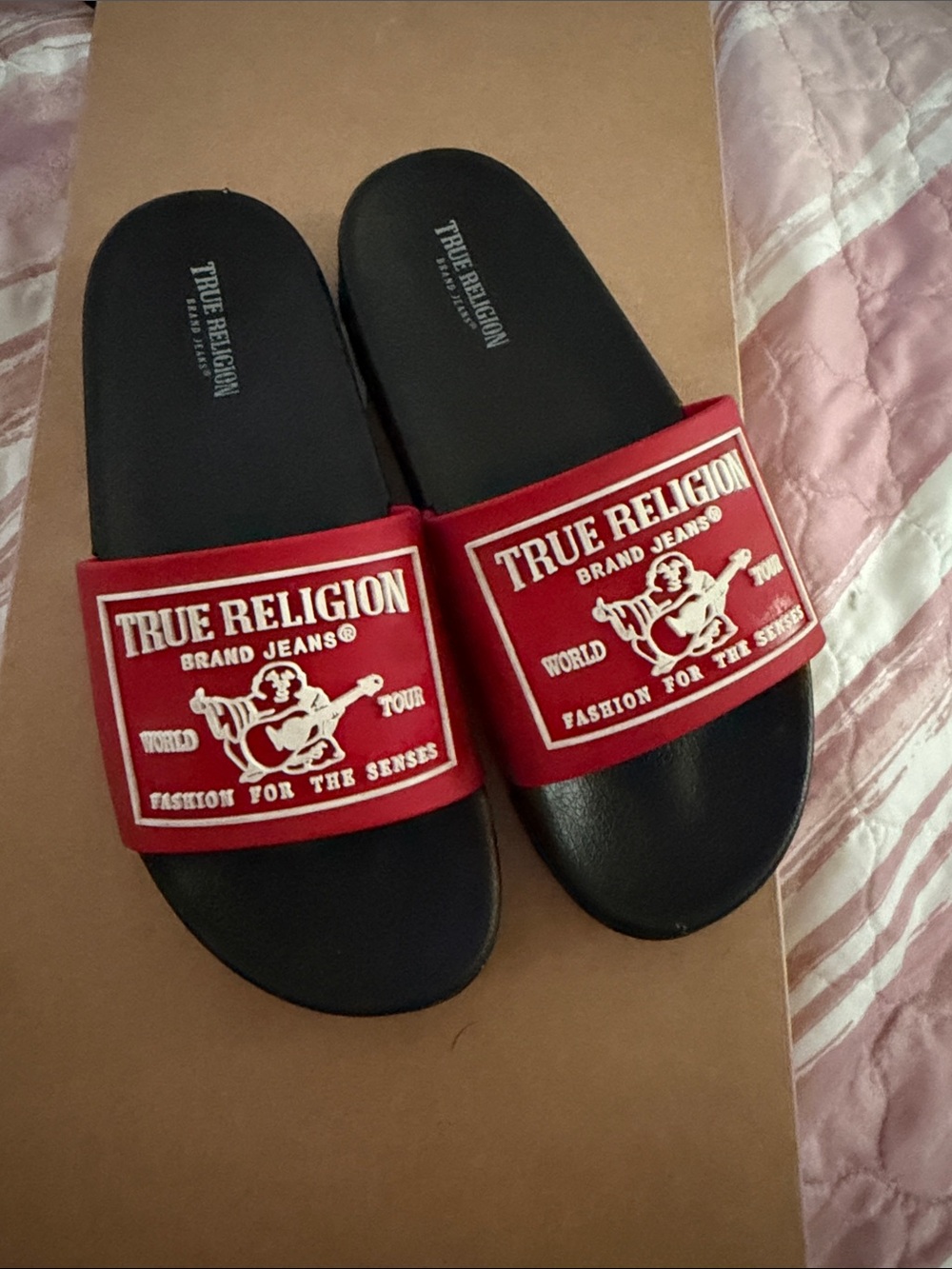 True Religion Kids Red and Black Logo Slide Sandals